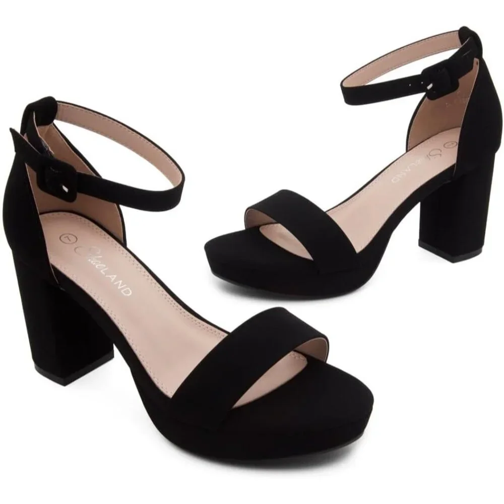 Women's Black Chunky Block Ankle Strap Stylish Comfortable Open Toe Strappy Heel